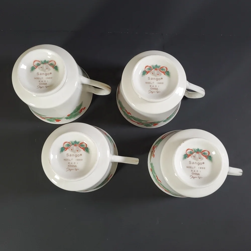 Sango Noel 1990 Christmas Teacups Mug Set of 4 Vintage Holiday Christmas